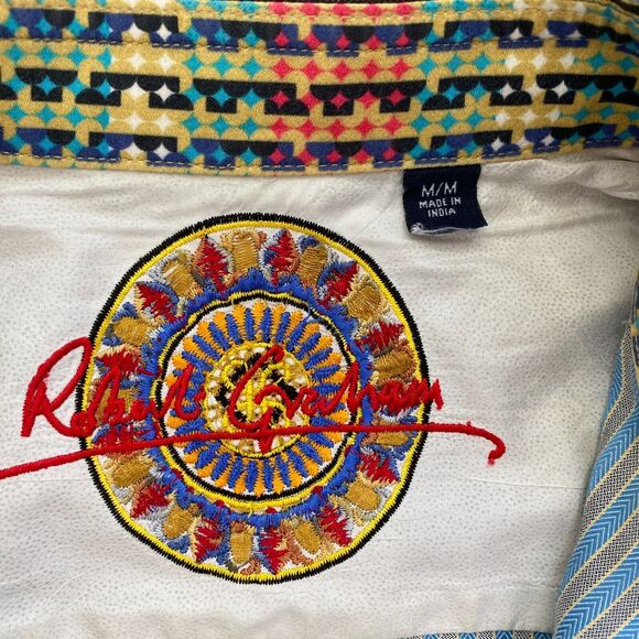 Robert Graham Button Up Shirt Men Medium Striped Blue Gray Velvet Trim Flip Cuff - Picture 13 of 16